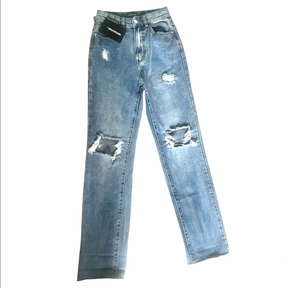 NWT PrettyLittleThing Mid Wash Distressed Light Blue Straight-Leg Jeans